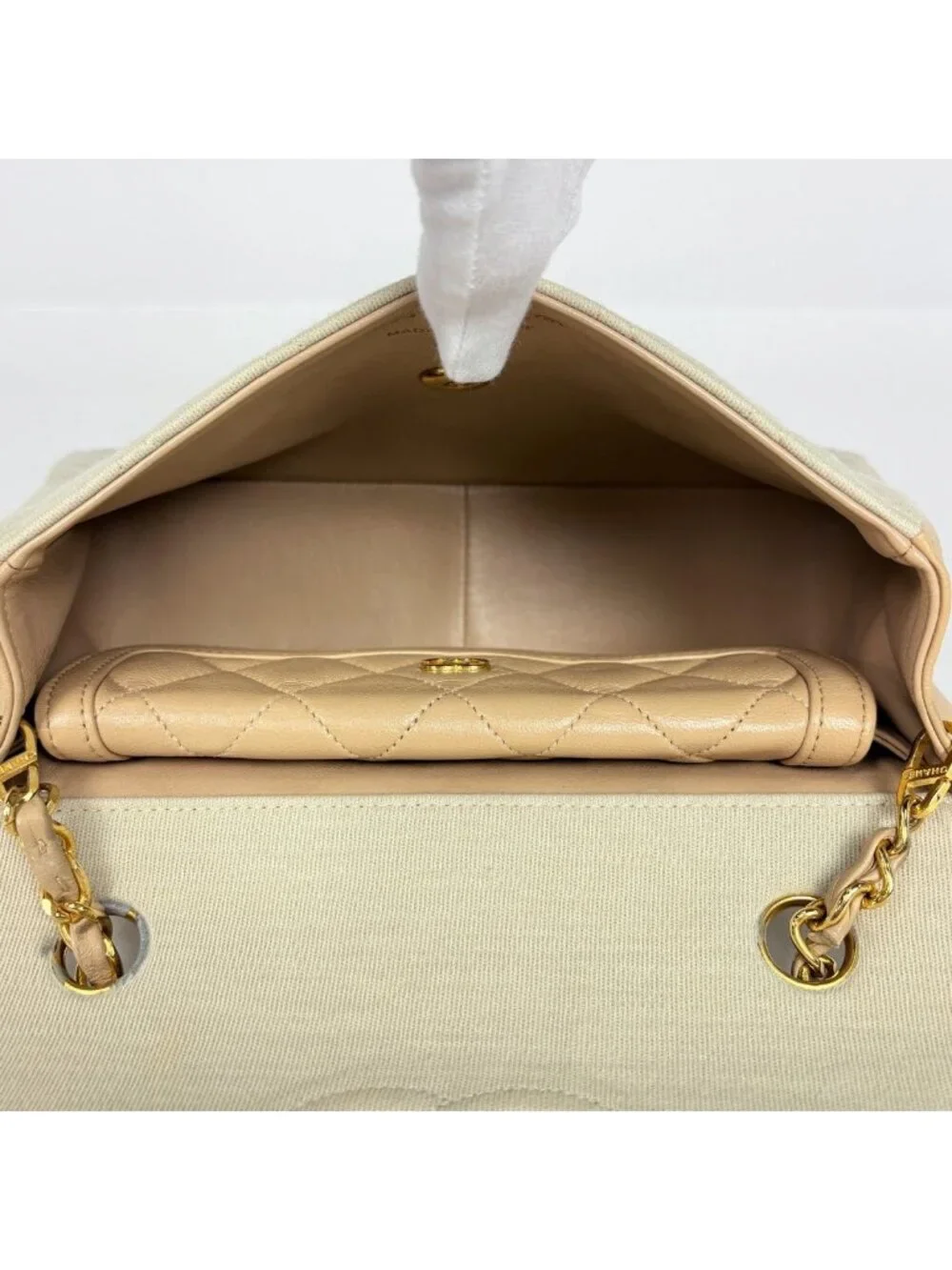 Chanel Shoulder Bag Quilted CC Logo Single Flap Fabric Ivory Beige